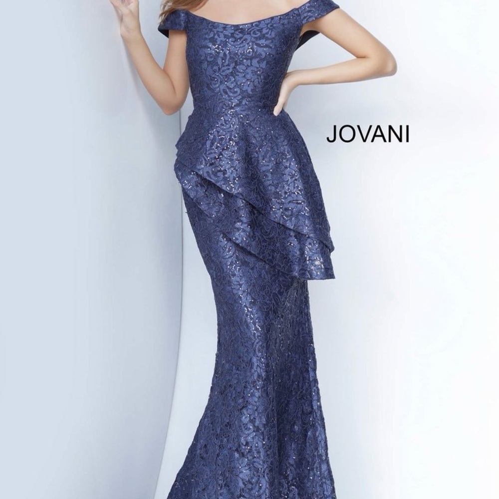 Jovani Navy One-Shoulder Lace Evening Gown